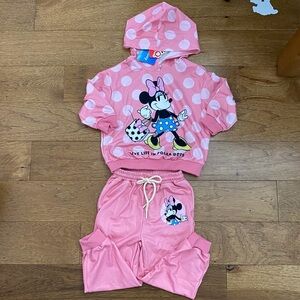 Disney Minnie Mouse vintage look pink white polka dot hoodie pants set girls 3T